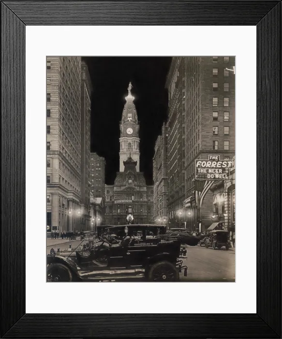 Framed Print : Night view of Broad Street with illuminated tower of City Hall, Philadelphia, Pennsylvania, 1916. The Second Empire styled building opened in 1901