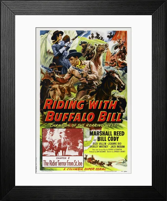 Framed Print : RIDING WITH BUFFALO BILL, US poster art, Marshall Reed, (Chapter 1, The Ridin Terror From St. Joe'), 1954