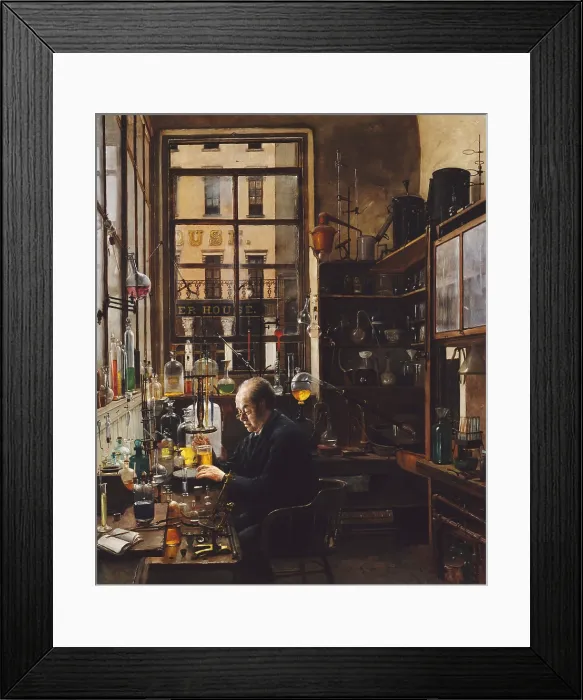 Framed Print : IN THE LABORATORY, by Henry Alexander, 1885-1887, American painting, oil on canvas. The artwork shows Professor Thomas Price, (d) Framed Print : IN THE LABORATORY, by Henry Alexander, 1885-1887, American painting, oil on canvas. The artwork shows Professor Thomas Price, (d)