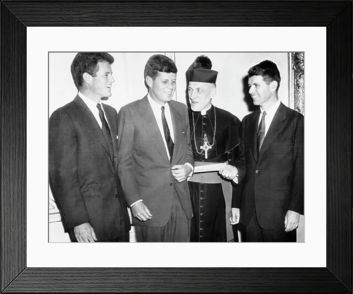 Framed Print : From left, Edward Kennedy, John Kennedy, Archbishop Cushing, Robert Kennedy, with check from Joseph P Framed Print : From left, Edward Kennedy, John Kennedy, Archbishop Cushing, Robert Kennedy, with check from Joseph P