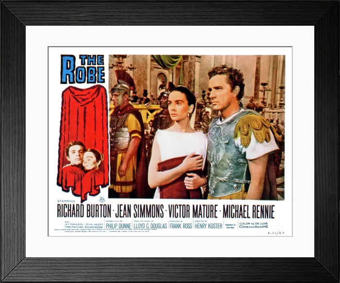Framed Print : THE ROBE, US lobbycard, from left:Jean Simmons, Richard Burton, 1953. TM and Copyright 20th Century Fox Film Corp. All rights reserved / courtesy Everett Collection Framed Print : THE ROBE, US lobbycard, from left:Jean Simmons, Richard Burton, 1953. TM and Copyright 20th Century Fox Film Corp. All rights reserved / courtesy Everett Collection