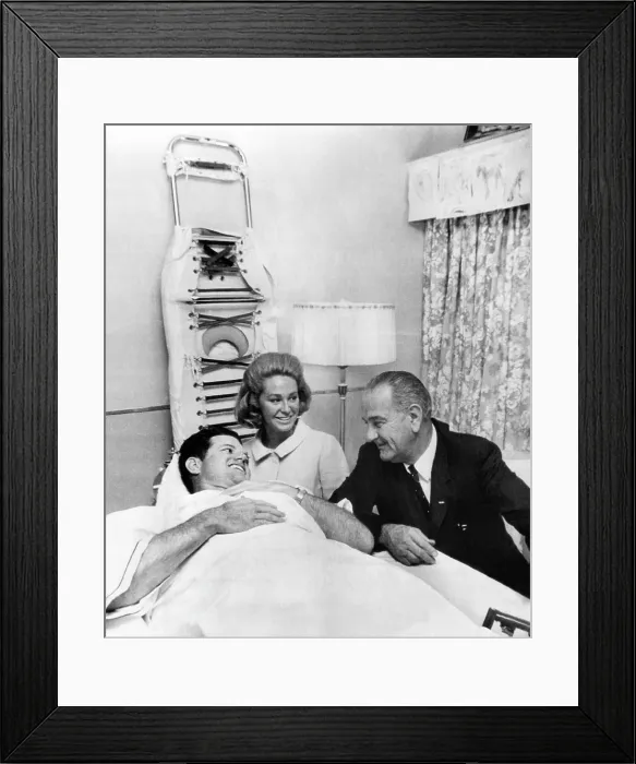 Framed Print : Senator Edward Kennedy, recovering from June 19 plane crash, is visited by his wife, Joan Kennedy, and President Johnson, September 29, 1964