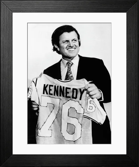 Framed Print : Senator Edward Kennedy, presented with shirt by Framingham State College students who hope he will run ffor president in 1976, April 23, 1973