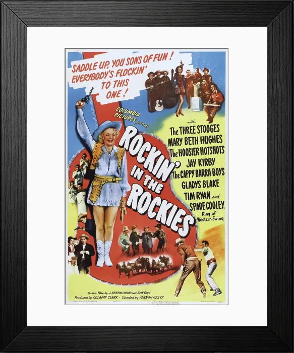 Framed Print : ROCKIN IN THE ROCKIES, US poster, Mary Beth Hughes (raised arm), bottom from left: Larry Fine, Curly Howard, Moe Howard (with gun), 1945 Framed Print : ROCKIN IN THE ROCKIES, US poster, Mary Beth Hughes (raised arm), bottom from left: Larry Fine, Curly Howard, Moe Howard (with gun), 1945