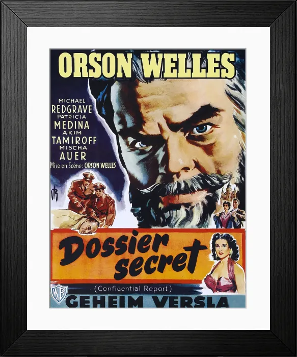 Framed Print : CONFIDENTIAL REPORT, (aka MR. ARKADIN, aka DOSSIER SECRET), top: Orson Welles on Belgian poster art, 1955