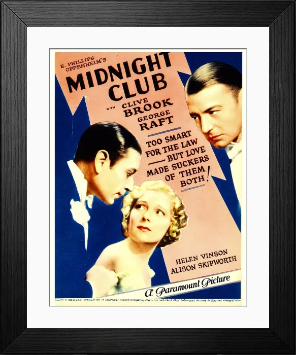 Framed Print : MIDNIGHT CLUB, from left: George Raft, Helen Vinson, Clive Brook on midget window card, 1933 Framed Print : MIDNIGHT CLUB, from left: George Raft, Helen Vinson, Clive Brook on midget window card, 1933