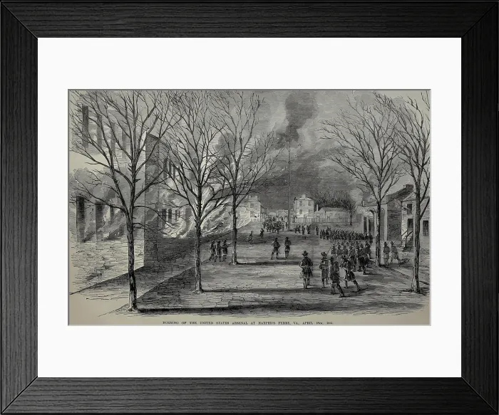 Framed Print : Burning of the United States Arsenal at Harper's Ferry, April 18, 1961. Immediately upon learning that Virginia seceded, Lt