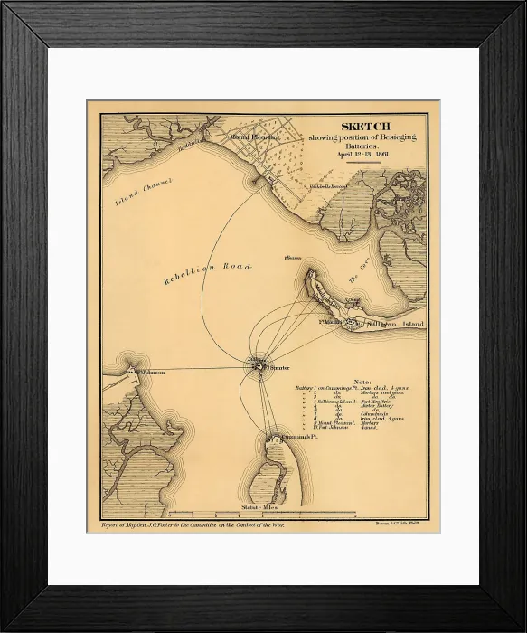 Framed Print : Map showing the positions of Confederate batteries besieging Fort Sumter at the start of the US Civil War, April 12-13, 1861 (BSLOC_2018_6_103)