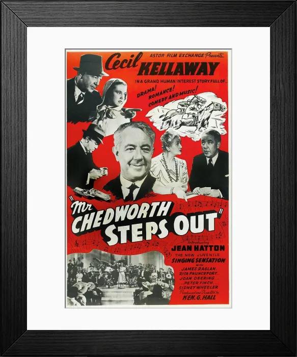 Framed Print : MR. CHEDWORTH STEPS OUT, US poster art, top from left: Cecil Kellaway, Jean Hatton; middle: three Cecil Kellaways, Rita Pauncefort; bottom: Jean Hatton at the microphone, 1939 Framed Print : MR. CHEDWORTH STEPS OUT, US poster art, top from left: Cecil Kellaway, Jean Hatton; middle: three Cecil Kellaways, Rita Pauncefort; bottom: Jean Hatton at the microphone, 1939