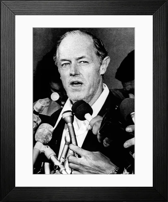 Framed Print : E. Howard Hunt at press conference after being freed from jail for his part in break-in at the Democratic National Headquarters. Washington, DC, January 2, 1974