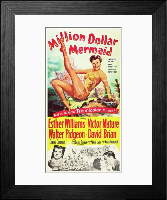 Framed Print : MILLION DOLLAR MERMAID, top: Esther Williams, bottom l-r: David Brian, Walter Pidgeon, Esther Williams, Victor Mature on poster art, 1952 Framed Print : MILLION DOLLAR MERMAID, top: Esther Williams, bottom l-r: David Brian, Walter Pidgeon, Esther Williams, Victor Mature on poster art, 1952