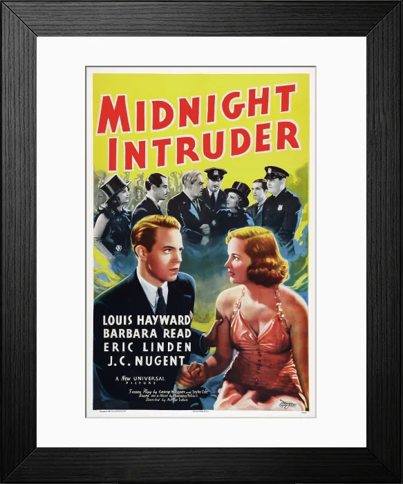 Framed Print : MIDNIGHT INTRUDER, foreground l-r: Louis Hayward, Barbara Read on poster art, 1938