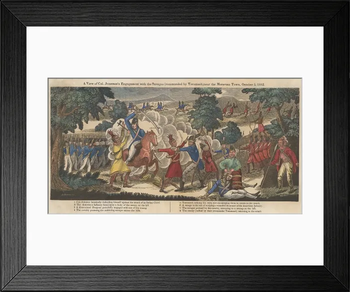Framed Print : War of 1812. Battle of the Thames, aka Battle of Moraviantown, Oct. 5, 1813. Col. Richard Johnson's cavalry engaging the Tecumseh Confederacy on the battlefield