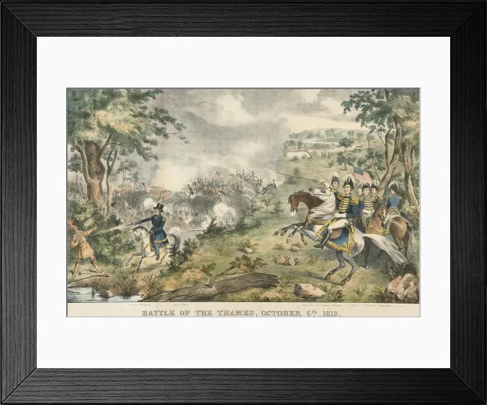 Framed Print : War of 1812. Battle of the Thames, aka Battle of Moraviantown, Oct. 5, 1812. At lower right, Col. Richard Johnson shoots Tecumseh dead with his pistol Framed Print : War of 1812. Battle of the Thames, aka Battle of Moraviantown, Oct. 5, 1812. At lower right, Col. Richard Johnson shoots Tecumseh dead with his pistol