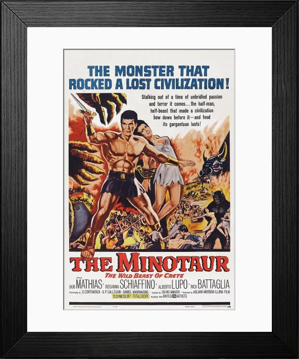 Framed Print : MINOTAUR, THE WILD BEAST OF CRETE, (aka TESEO CONTRO IL MINOTAURO), US poster, from left: Bob Mathias, Rosanna Schiaffino, 1960