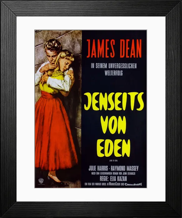 Framed Print : EAST OF EDEN, (aka JENSEITS VON EDEN), l-r: James Dean, Julie Harris on German poster art, 1955