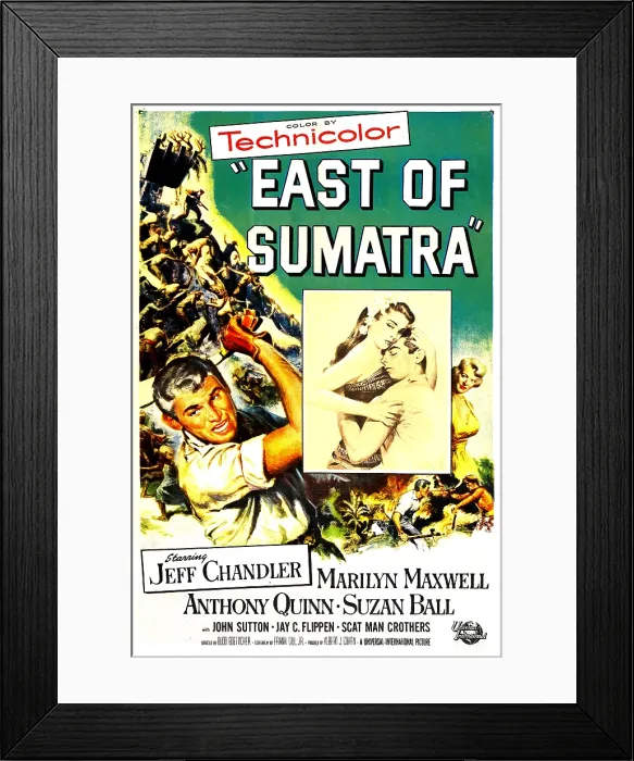 Framed Print : EAST OF SUMATRA, US poster, from left: Jeff Chandler, Suzan Ball, Anthony Quinn, Marilyn Maxwell, 1953