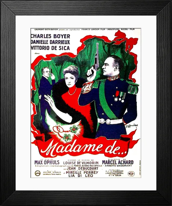 Framed Print : MADAME DE... (aka THE EARRINGS OF MADAME DE...), French poster, from left: Charles Boyer, Danielle Darrieux, Vittorio De Sica, 1953