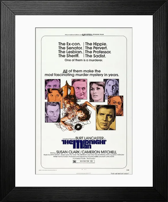 Framed Print : THE MIDNIGHT MAN, top l-r: Charles Tyner, Susan Clark, front right: Burt Lancaster on poster art, 1974