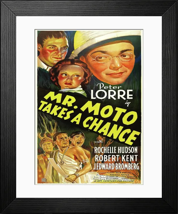 Framed Print : MR. MOTO TAKES A CHANCE, US poster art, top from left: Robert Kent, Rochelle Hudson, Peter Lorre, 1938. TM & copyright 20th Century Fox Film Corp