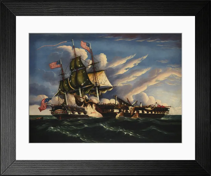 Framed Print : War 1812. USS Constitution in naval battle with HMS Guerriere, Aug. 19 1812