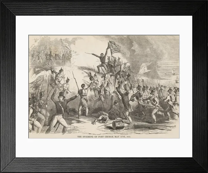 Framed Print : War of 1812, Storming of Fort George, May 27, 1813. US soldiers charging up embankment on the Niagara River shoreline to assault the artillery defending the fort