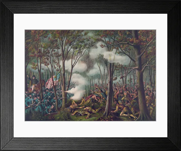 Framed Print : American troops under the leadership of General William Henry Harrison (on horse at far left) fighting the Indian forces of The Prophet, Tenskwatawa (the brother of Tecumseh)