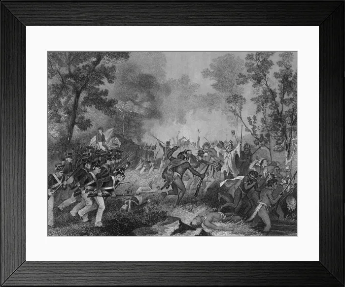 Framed Print : American soldiers advance on the left to repulse Natives American attack on their camp during the battle of Tippecanoe, Indiana, Sept. 26, 1811 Framed Print : American soldiers advance on the left to repulse Natives American attack on their camp during the battle of Tippecanoe, Indiana, Sept. 26, 1811
