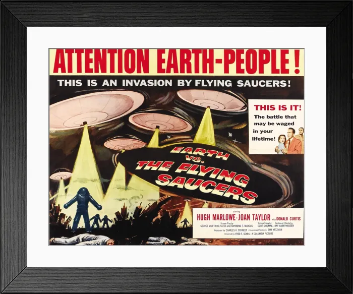 Framed Print : EARTH VS. THE FLYING SAUCERS, right: Joan Taylor, Hugh Marlowe, Donald Curtis on poster art, 1956 Framed Print : EARTH VS. THE FLYING SAUCERS, right: Joan Taylor, Hugh Marlowe, Donald Curtis on poster art, 1956