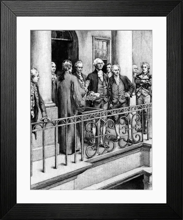 Framed Print : U.S. President George Washington (center), being inaugurated in New York City, with Vice President John Adams to the right, April 30, 1789