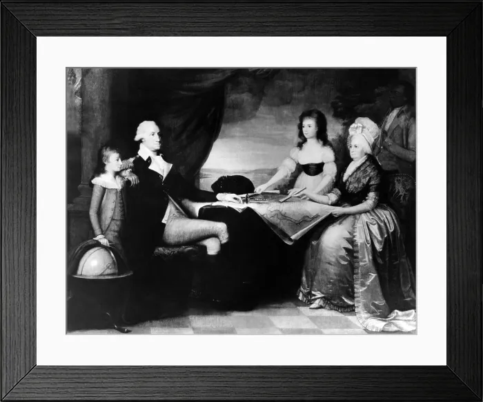 Framed Print : Engraving of George Washington (second from left), Martha Washington (far right), and their family, c. 1790's.. Courtesy: CSU Archives / Everett Collection Framed Print : Engraving of George Washington (second from left), Martha Washington (far right), and their family, c. 1790's.. Courtesy: CSU Archives / Everett Collection