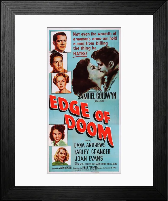 Framed Print : EDGE OF DOOM, US poster, left from top: Dana Andrews, Farley Granger, Joan Evans, Mala Powers, Adele Jergens, center from left: Mala Powers, Farley Granger, 1950