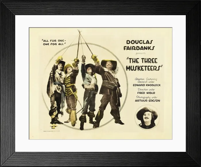 Framed Print : THE THREE MUSKETEERS, l-r: George Siegmann, Eugene Pallette, Douglas Fairbanks, Sr. Leon Bary on title card, 1921 Framed Print : THE THREE MUSKETEERS, l-r: George Siegmann, Eugene Pallette, Douglas Fairbanks, Sr. Leon Bary on title card, 1921