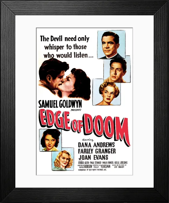 Framed Print : EDGE OF DOOM, US poster, center from left: Mala Powers, Farley Granger, right from top: Dana Andrews, Farley Granger, Joan Evans, Mala Powers, Adele Jergens, 1950