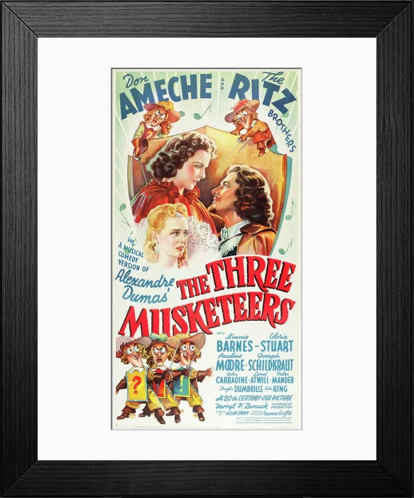 Framed Print : THE THREE MUSKETEERS, top clockwise: Binnie Barnes, Pauline Moore, Don Ameche, bottom: The Ritz Brothers on poster art, 1939, TM and Copyright 20th Century Fox Film Corp Framed Print : THE THREE MUSKETEERS, top clockwise: Binnie Barnes, Pauline Moore, Don Ameche, bottom: The Ritz Brothers on poster art, 1939, TM and Copyright 20th Century Fox Film Corp