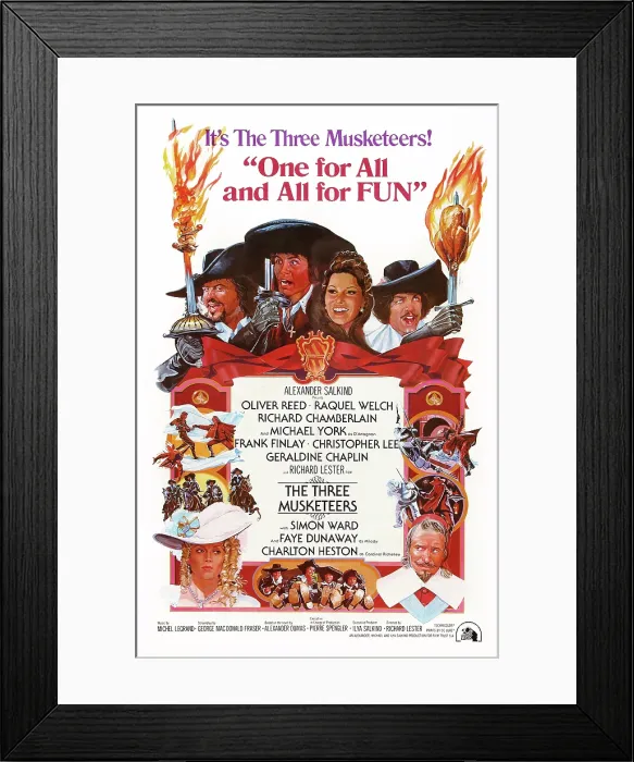Framed Print : THE THREE MUSKETEERS, US poster art, clockwise from top left: Frank Finlay, Michael York, Raquel Welch, Richard Chamberlain, Charlton Heston, Faye Dunaway, 1973 Framed Print : THE THREE MUSKETEERS, US poster art, clockwise from top left: Frank Finlay, Michael York, Raquel Welch, Richard Chamberlain, Charlton Heston, Faye Dunaway, 1973