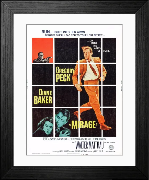 Framed Print : MIRAGE, US poster art, George Kennedy, (top right) Diane Baker, (bottom right), Gregory Peck, (second left and right), 1965 Framed Print : MIRAGE, US poster art, George Kennedy, (top right) Diane Baker, (bottom right), Gregory Peck, (second left and right), 1965