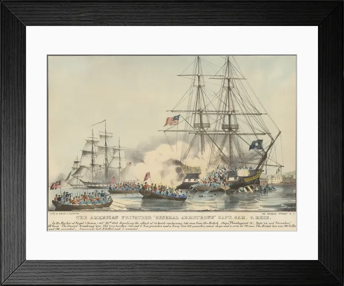 Framed Print : War of 1812. American privateer ship, General Armstrong, repulsed boatloads of British boarding parties in Fayal Harbor, Azores, Sept. 26, 1814 Framed Print : War of 1812. American privateer ship, General Armstrong, repulsed boatloads of British boarding parties in Fayal Harbor, Azores, Sept. 26, 1814