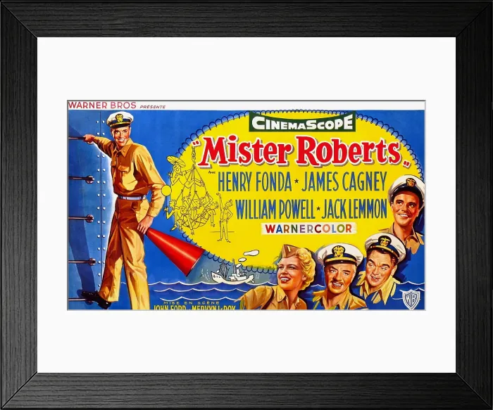 Framed Print : MISTER ROBERTS, left: Henry Fonda, bottom l-r: Betsy Palmer, William Powell, James Cagney, Jack Lemmon on Belgian poster art, 1955