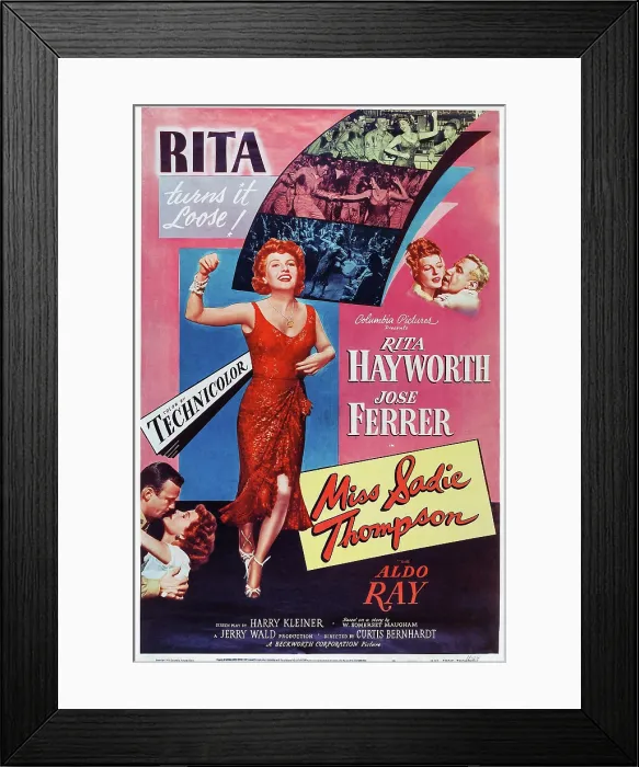 Framed Print : MISS SADIE THOMPSON, center: Rita Hayworth, top l-r: Rita Hayworth, Jose Ferrer, bottom: Aldo Ray, Rita Hayworth on poster art, 1953