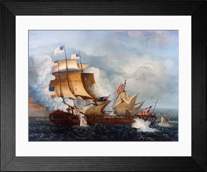 Framed Print : War 1812. USS Constitution in naval battle with HMS Guerriere, Aug. 19 1812. Minutes into the battle, HMS Guerriere suffered more damage from the Constitution's larger guns