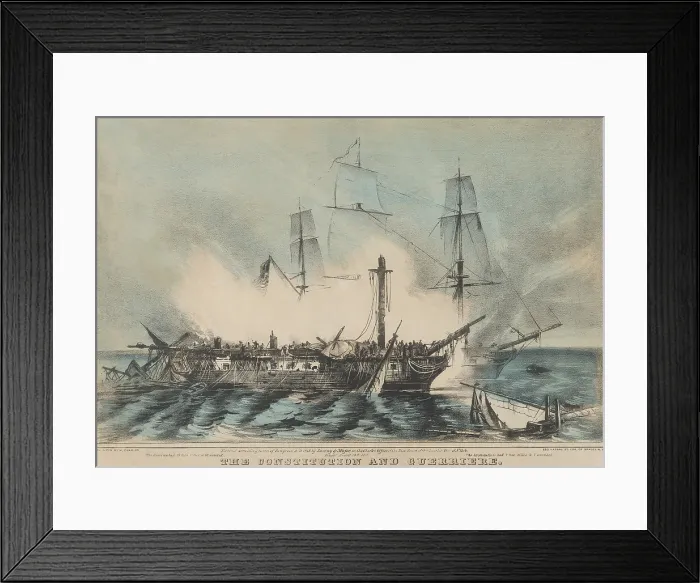 Framed Print : War 1812. USS Constitution's naval battle with HMS Guerriere ended with the British ship reduced to smoking hulk