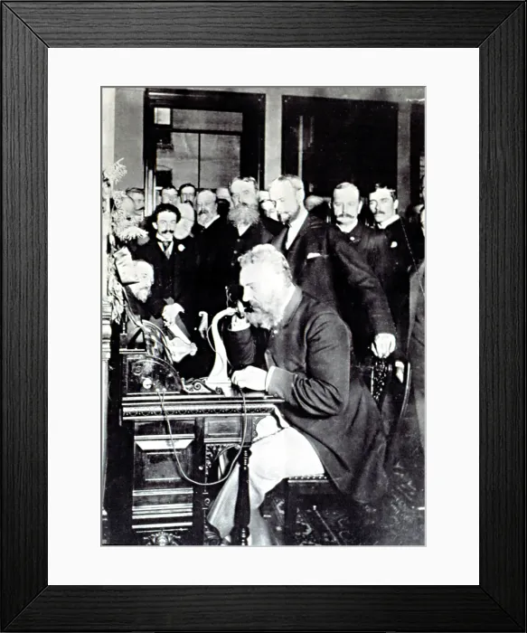 Framed Print : ALEXANDER GRAHAM BELL, demonstrating how to make a phone call in New York, March 12, 1876. Bell is talking to Thomas Watson & says, 'Mr Framed Print : ALEXANDER GRAHAM BELL, demonstrating how to make a phone call in New York, March 12, 1876. Bell is talking to Thomas Watson & says, 'Mr