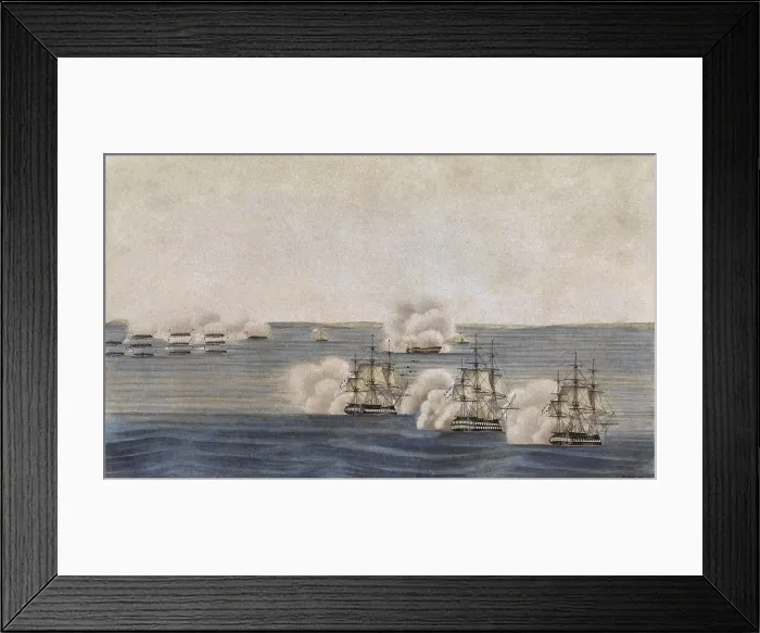 Framed Print : War of 1812. British blockade of East Coast ports. Two British frigates and a ship of the line (right foreground) engage several small American vessels