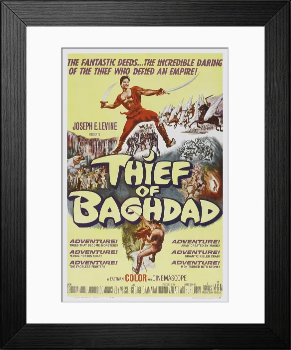 Framed Print : THE THIEF OF BAGHDAD, (aka IL LADRO DI BAGDAD), US poster, Steve Reeves (top), 1961