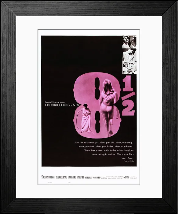 Framed Print : 8 1 / 2, right from top: Sandra Milo, Marcello Mastroianni on poster art, 1963