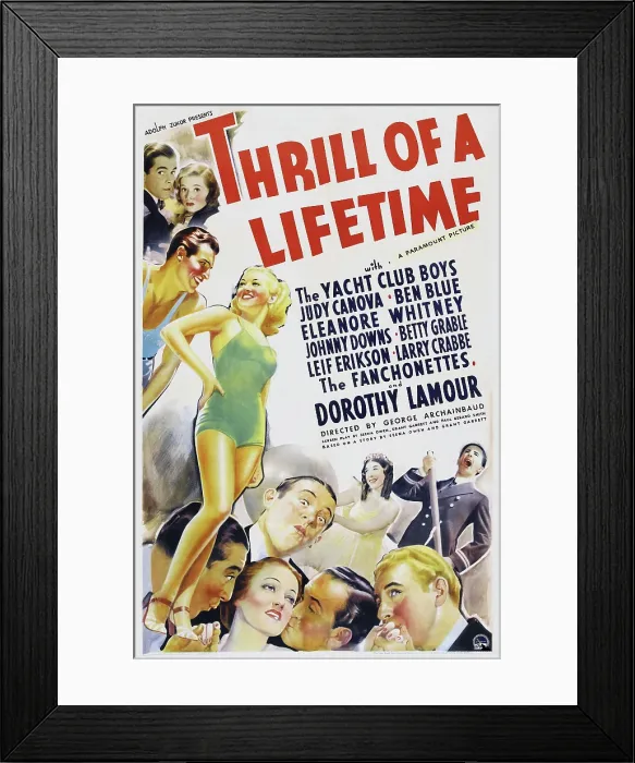 Framed Print : THRILL OF A LIFETIME, US poster art, Buster Crabbe, (third from top left), Betty Grable, (bottom left), 1937