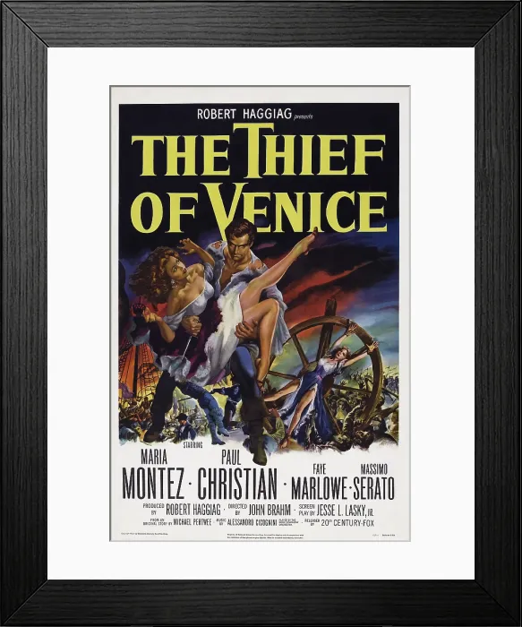 Framed Print : THE THIEF OF VENICE, (aka IL LARDO DI VENEZIA), US poster, from left: Maria Montez, Paul Christian, (aka Paul Hubschmid), 1950 Framed Print : THE THIEF OF VENICE, (aka IL LARDO DI VENEZIA), US poster, from left: Maria Montez, Paul Christian, (aka Paul Hubschmid), 1950