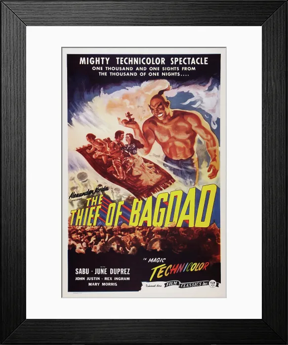Framed Print : THE THIEF OF BAGDAD, US poster art, top from left: Sabu, John Justin, June Duprez, Rex Ingram, 1940