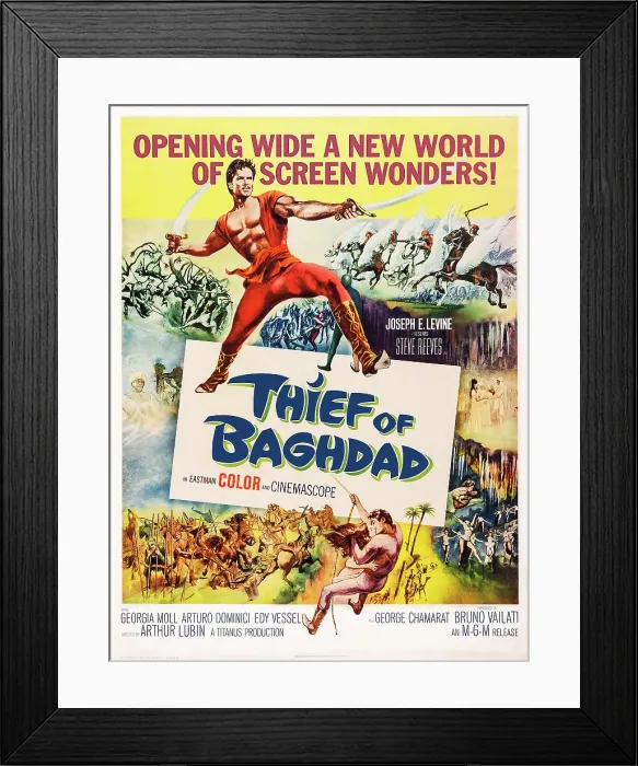 Framed Print : THE THIEF OF BAGHDAD, (aka IL LADRO DI BAGDAD), US poster, Steve Reeves (top), 1961 Framed Print : THE THIEF OF BAGHDAD, (aka IL LADRO DI BAGDAD), US poster, Steve Reeves (top), 1961